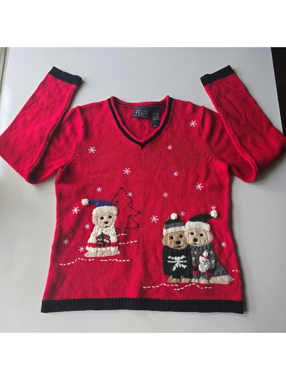 Vintage Crazy Horse Red Knit Christmas Dog Sweater size Women's small|